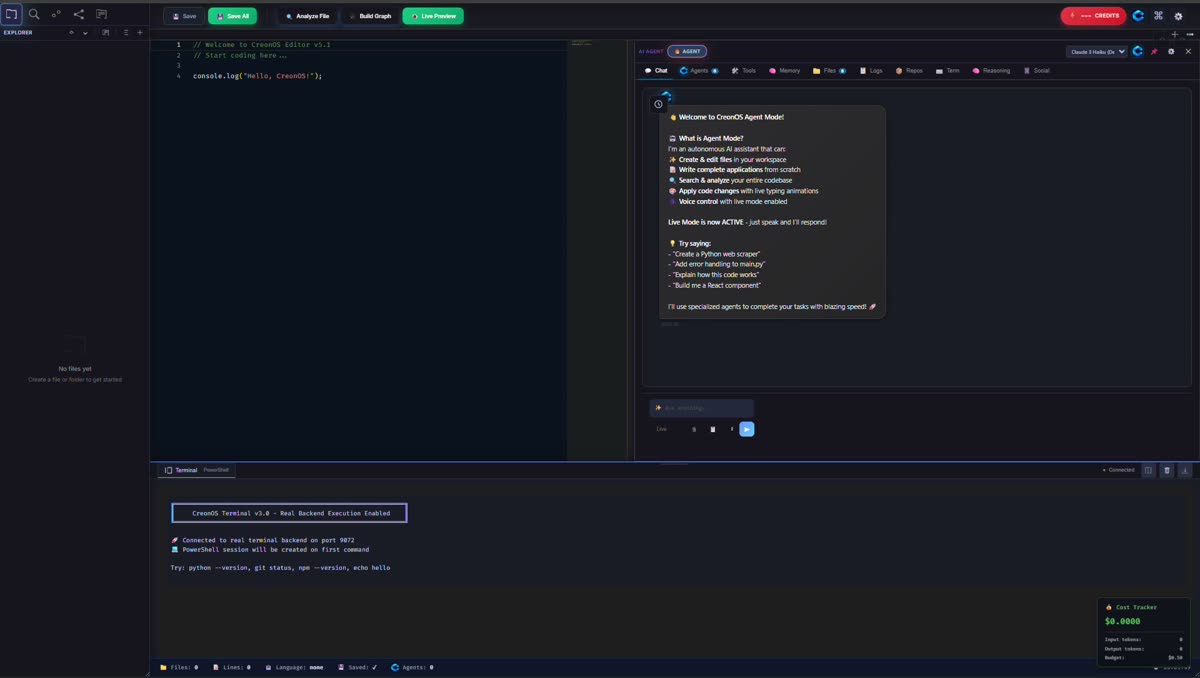 The CreonOS editor with the AI agent panel and terminal